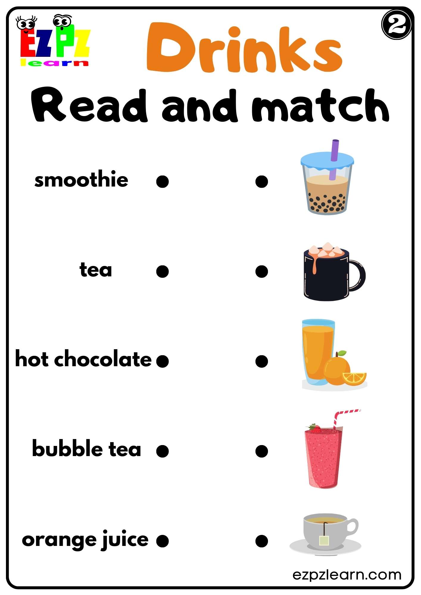 Drinks Read and Match Worksheet for Kids K5 and ESL PDF Download Set 2